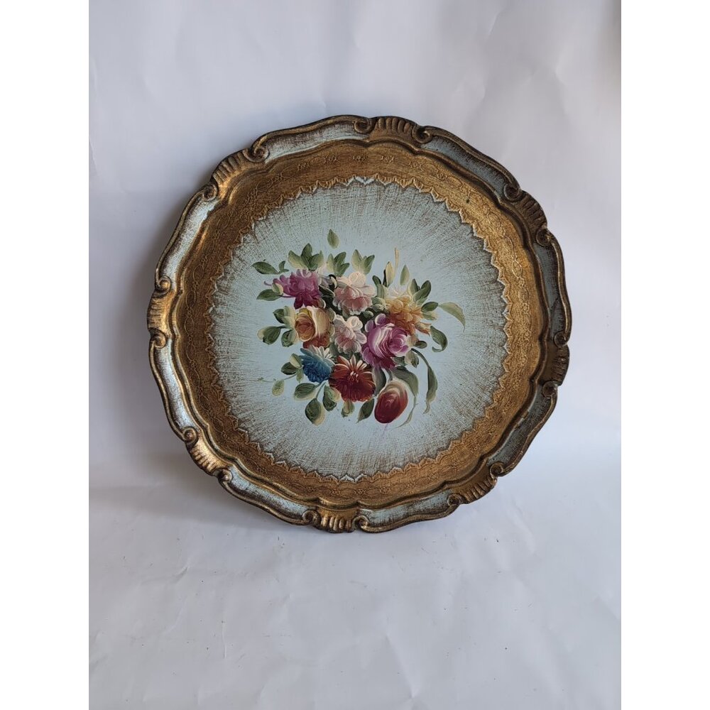 Italian Florentine Gilt Aqua Wood Tray Floral Tole White Hollywood Regency